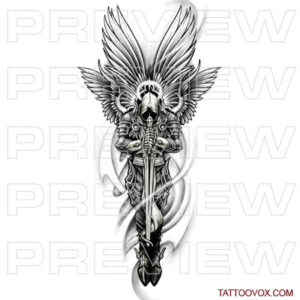 hooded Angel Warrior ltattoo design with sword tattoovox instant download guardian angel