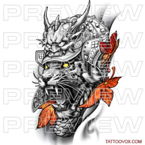 Tiger Head with Realistic Samurai Helmet tattoovox instant download skethes