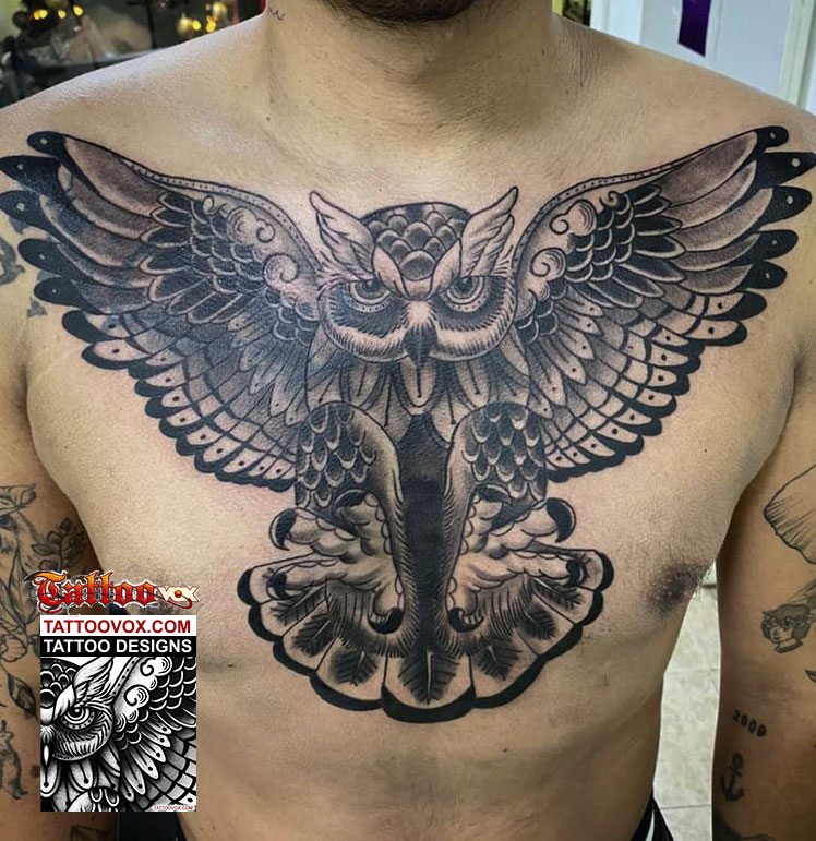 traditional owl chest tattoos